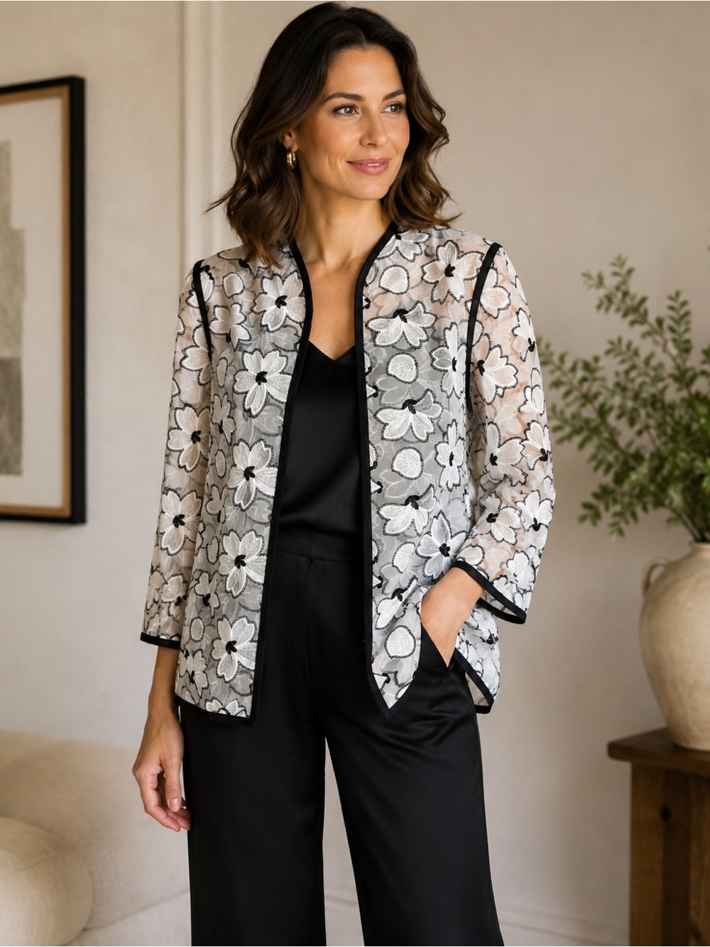 Caroline Rose Floral Appliqué/Embroidered Black & White Open Jacket